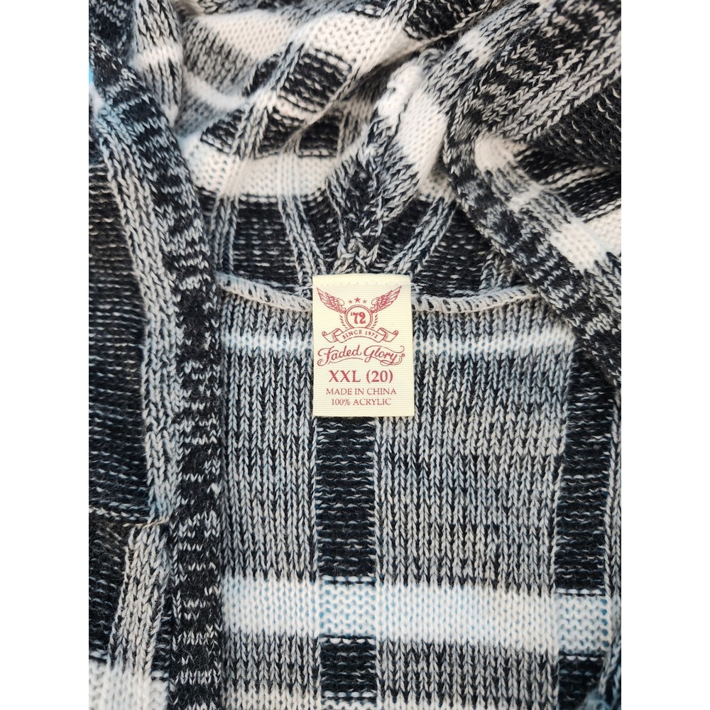 Retro 90s Womens XXL Black White Plaid Hooded Longline Fringe Cardigan Sweater - Picture 3 of 5